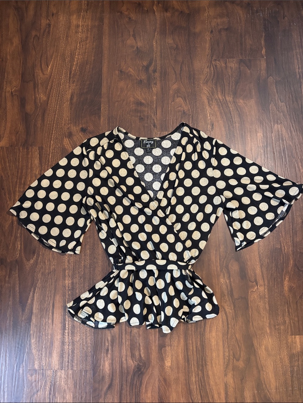 ECI Black Tie Peplum Top with Gold Shimmer Polka Dots